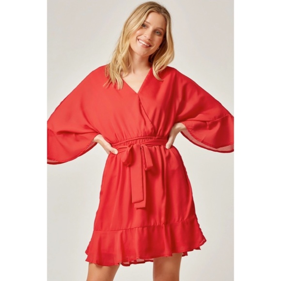 SOLD OUT Red Surplice 3/4 Bell Sleeve Woven Cocktail Flare Party Dress - Picture 4 of 6